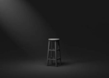 Black chair and spotlight low key tone on empty dark room background with alone or darkness concept. 3D rendering.