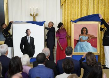 Barack and Michelle Obama give remarks after official portraits unveiled at White House ceremony