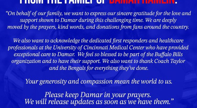 Damar Hamlin’s family releases statement thanking supporters amid ‘challenging time’