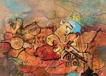 Abstract Italian Landscape Painting, “TEATRO ROMANO 23” by Florida Artist Marie Schinman